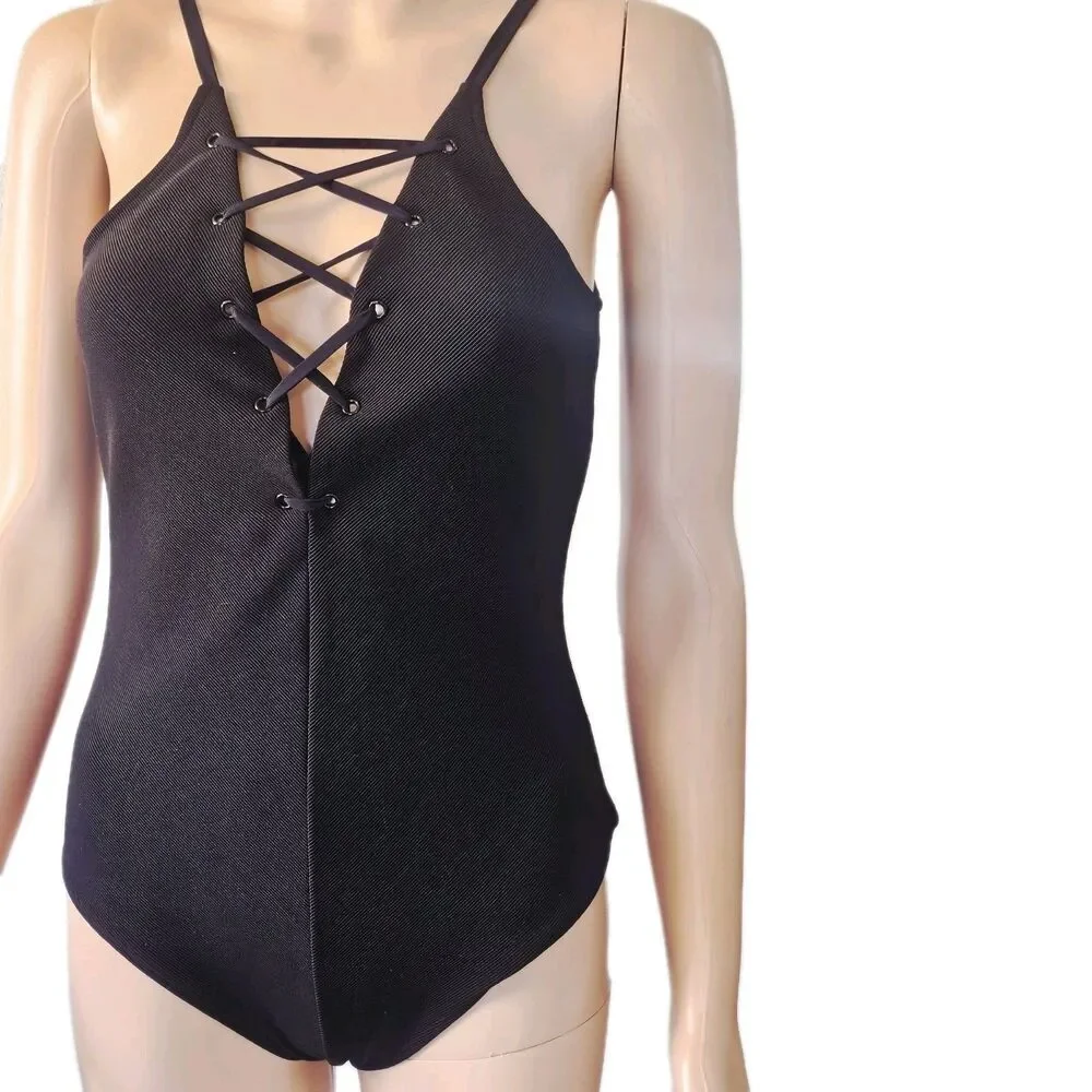 Express Black Lace Up Front Bodysuit Top Small - Picture 2 of 8